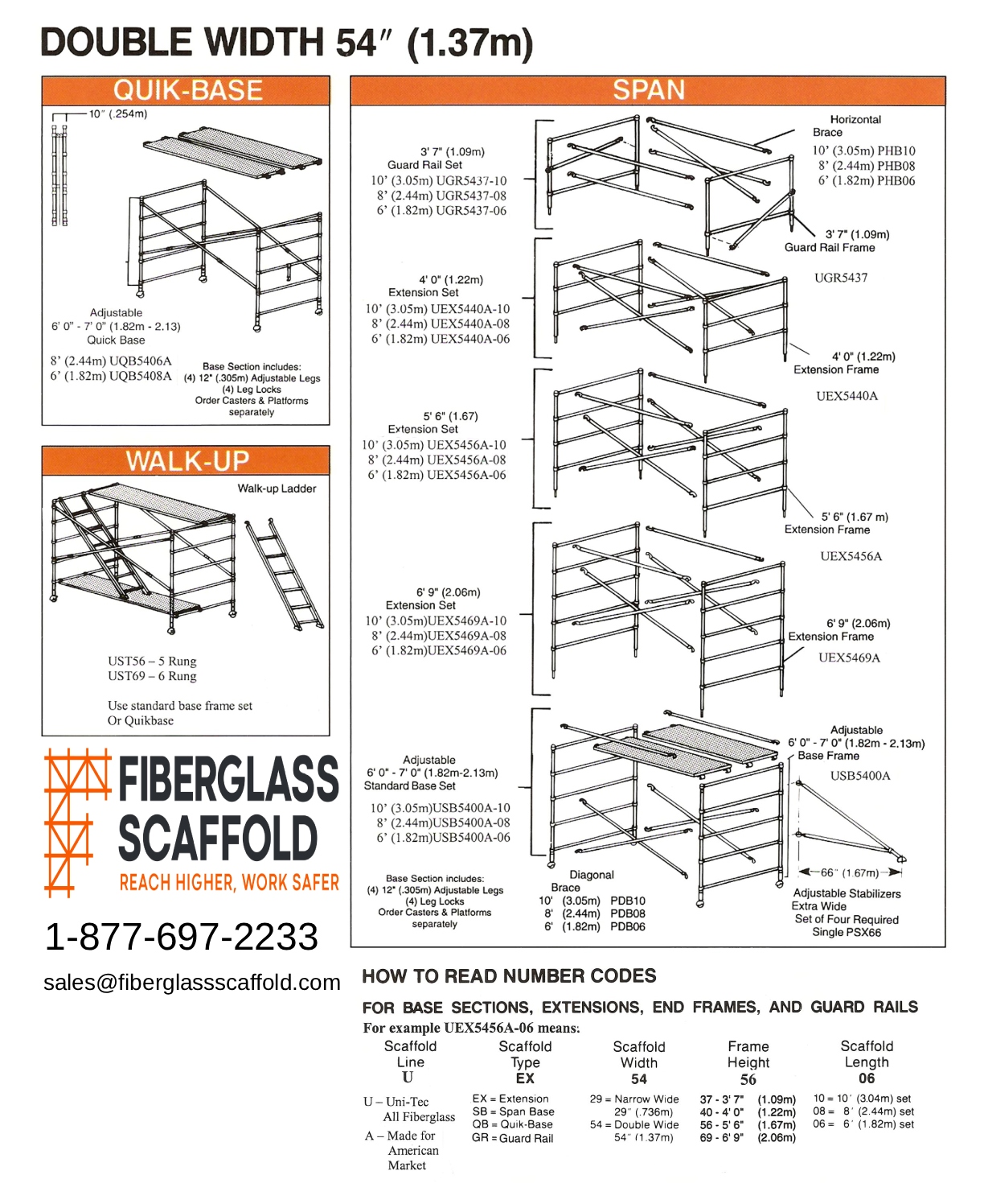 Fiberglass scaffold with safety features and assembly instructions.