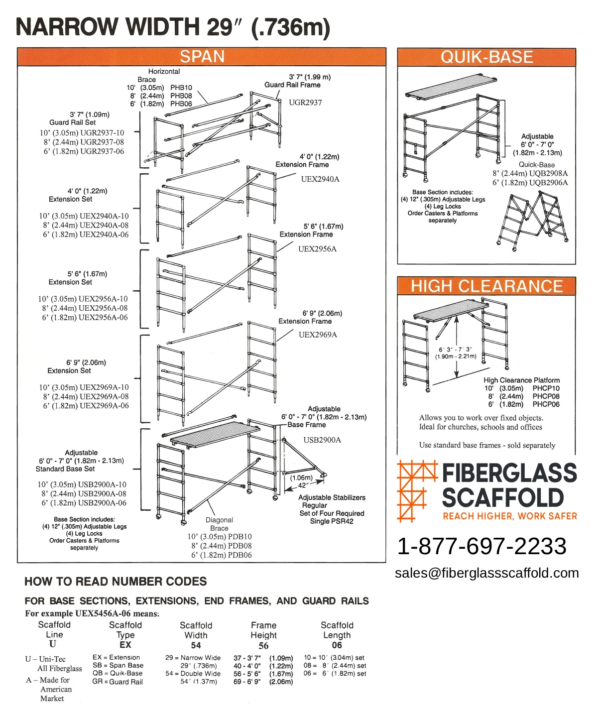 Fiberglass scaffolding diagrams with specifications and usage instructions.