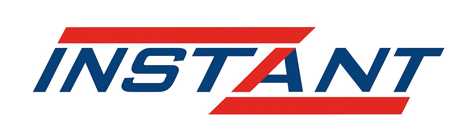 Logo with stylized letters and a red stripe.